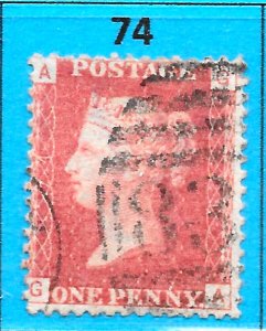 GB QV 1868 SG43 / 44, 1d Penny Red, Very Good Used, Plate 74 (GA)
