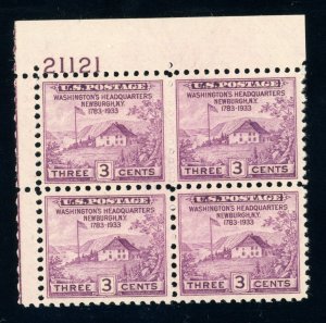 US Stamp #727 Washington Headquarters 3c - Plate Block of 4 - MNH - CV $5.50