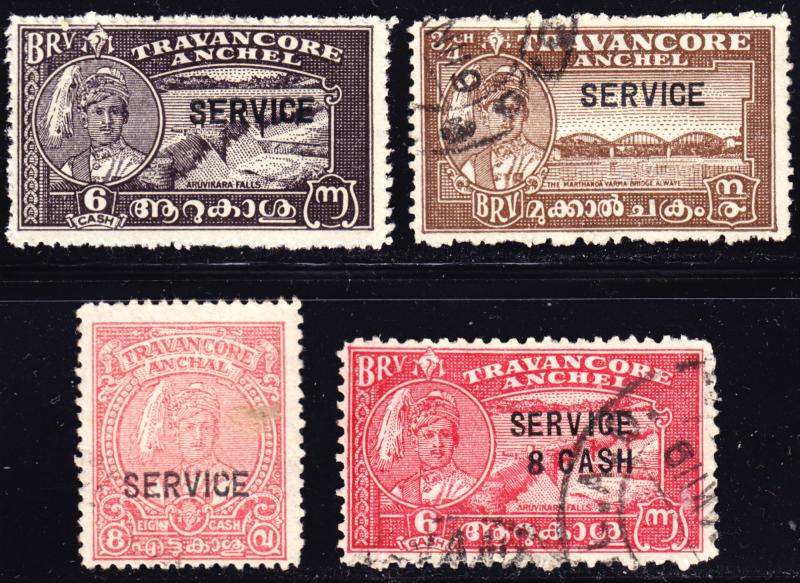 India Travancore Scott O54-55, O59-60  F to VF unused no gum & used..