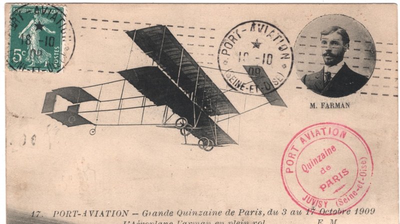 FRANCE Postcard PIONEER Farman Biplane 1909 *PORT AVIATION/PARIS* Cachet XF277