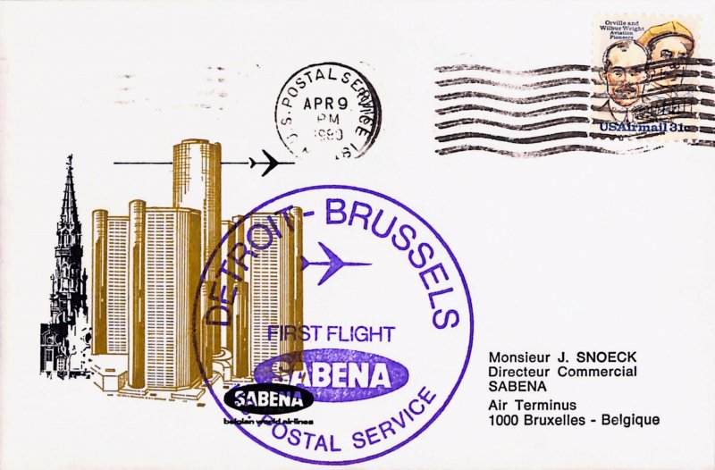 SABENA First Flight Cover FFC detroit USA to Belgium Bruxelles