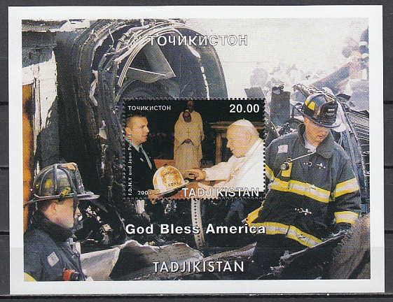 Tadjikistan, 2001 Russian Local. Pope John Paul II & N.Y. Fire Dept. s/sheet. ^