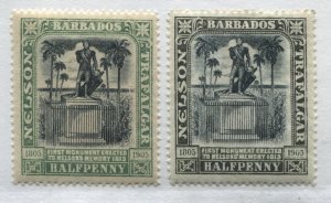 Barbados 1906 1/2d 2 very distinct shades mint o.g. hinged