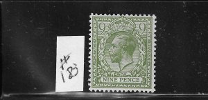 GREAT BRITAIN SCOTT #183 1922 GEORGE V 9P (BLUE GREEN) - MINT NEVER HINGED