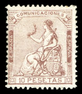 Spain #200 Cat$2,100, 1873 Espana, 10p violet brown, hinged, usual centerin...