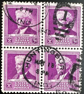 US #876 Used F/VF Block of 4 - 3c Luther Burbank 1940 [BB177]