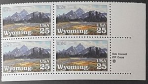 US Scott # 2444; 25c Wyoming block of 4 from 1990; MNH, og; VF/XF centering