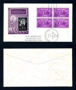 # 798 block of four First Day Cover addressed with Ioor cachet dated 9-17-1937