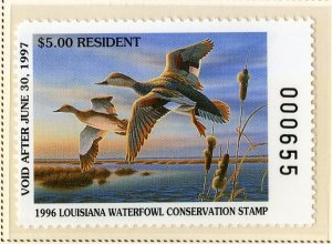 US LA8 LOUISIANA RESIDENT STATE DUCK STAMP 1996 MNH SCV $15.00 BIN $7.50