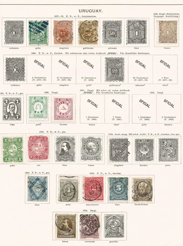 Uraguay Old (1860s to1880s) Album Pages  w/ 16 Stamps - 2 scans