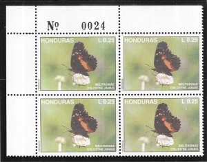 Honduras #370  25c Butterflies plate block of 4 (MNH) CV $2.00