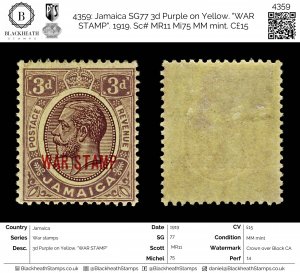 4359: Jamaica SG77 3d Purple on Yellow. WAR STAMP. 1919. Sc# MR11 Mi75 MM m...