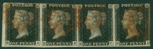 SG 1 1d intense black plate 9 horizontal strip of 4 lettered HA-HD. Good to...