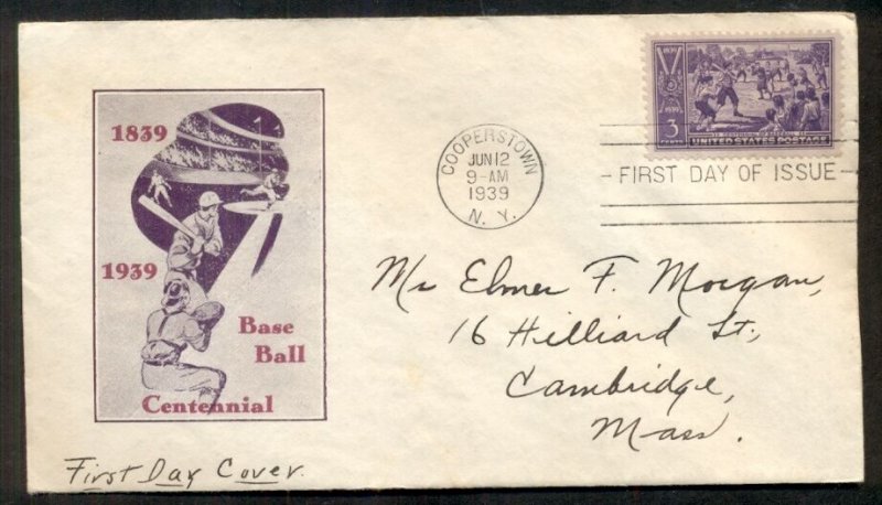 US #855, 3¢ Baseball FDC, neat cachet