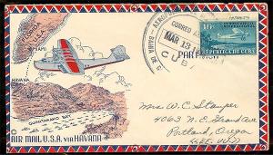 US  1939 CLIPPER COVER, CUBA TO US, MULTI-COLOR CACHET