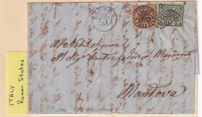 ITALY/ROMAN STATES SARDINIA PAIR IMPERFS ON COVER TO MANTOVA 1857