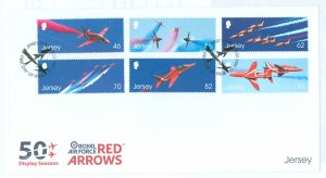 Jersey 1769-1774 2014 royal air force red arrows aircraft 50th anniversary, set of 6 on unaddressed, cacheted fd cover