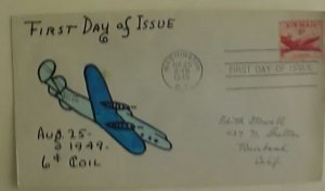 US FDC HAND PAINTED AIR MAIL 6cent COIL 1949 WASHINGTON DC