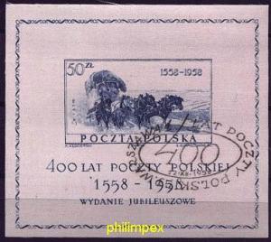 POLAND, 400th  Anniv. Post SILK SOUVENIR SHEET 1958 VFU