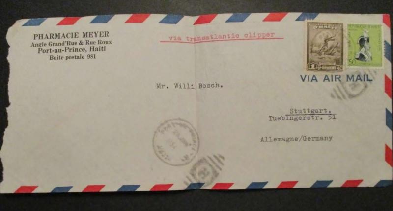 1954 Port-au-Prince Haiti to Allemagne Germany Pharmacie Meyer Air Mail Cover