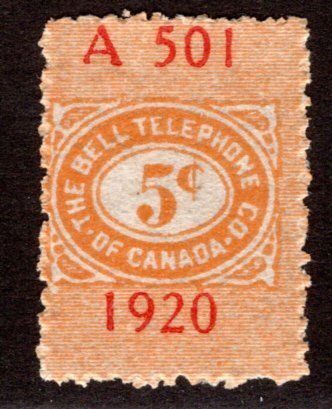 van Dam TBT73, 5c, yellow orange, Uncan., 1920, Ser #A501, Bell Canada Telephone