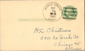 United States Ohio Maple Grove 1945 4f-bar  1909-1955  Postal Card  Philatelic.