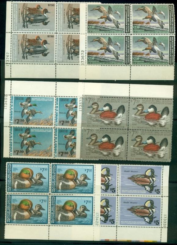 US #RW45-50 1978-83 Duck Stamp Plate No. Blocks of 4, og, NH, VF, Scott $305.00