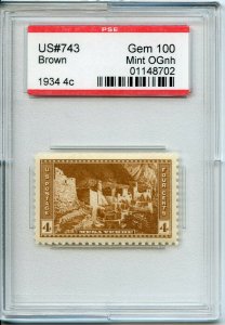 US SCOTT #743, Mint-Gem-OG-NH Graded 100 PSE Encapsulated SMQ $350 (DFP 12/4/19)