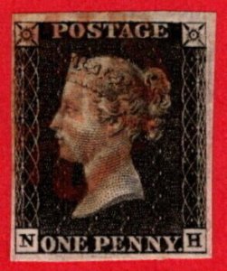 GBR SC #1 U (N,H) 1840 Queen Victoria 4 margins w/red MC CV $370.00