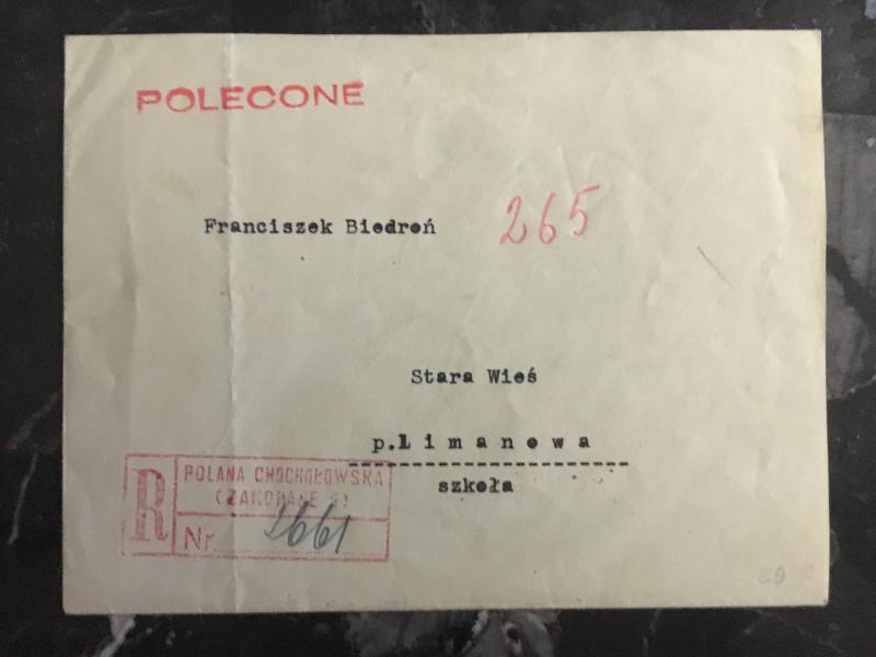 1938 Zakopane Poland  Registered Cover to Szkela # B31 STratosphere Balloon