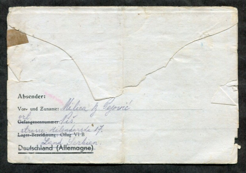 p383 - WW2 SERBIA 1941 CENSORED Cover to POW Camp Offlag VI/B GERMANY