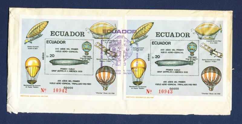 ECUADOR - # 1060 three Zeppelin S/S on cover mailed to USA - 1984 - TWO SCANS