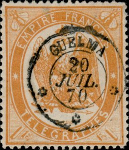 FRANCE - 1868 - Télégraphes Yv.7 1fr orange dentelé - obl.  GUELMA , Algérie 