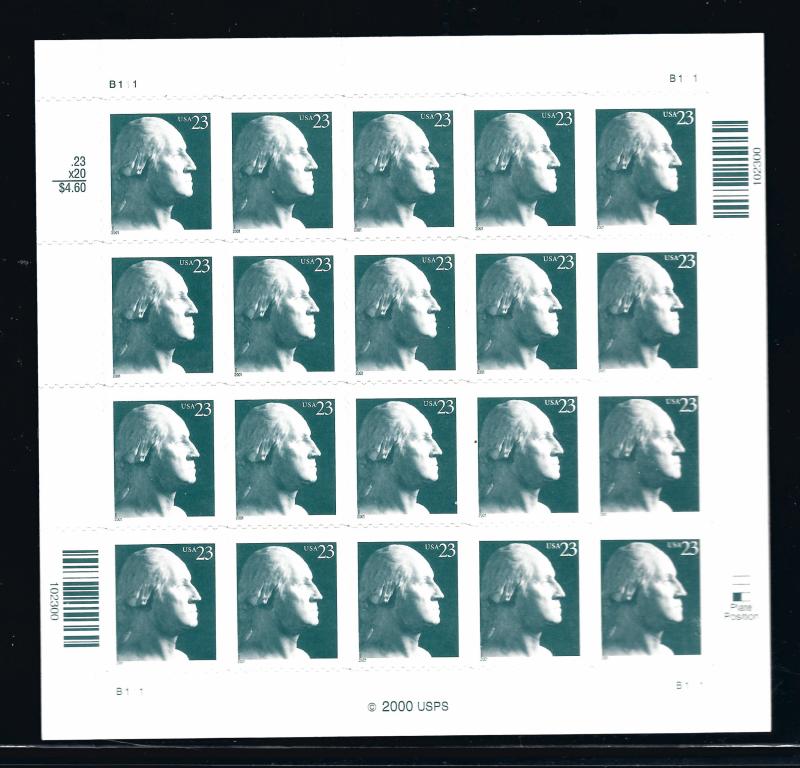 3468A, P#  B111, P. O. FRESH PANE of TWENTY, MINT NH