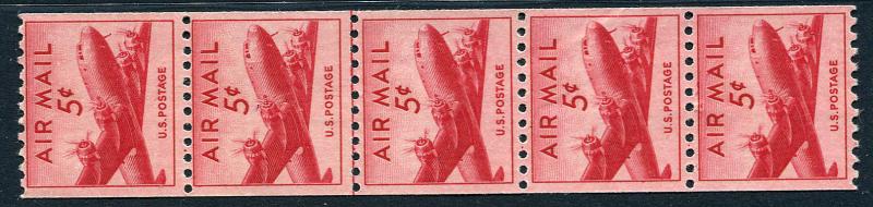 US Lot 6624 US Air Mail Postage 1948 Scott Ap19 - C37 5 Cent 5 stamp coil strip 