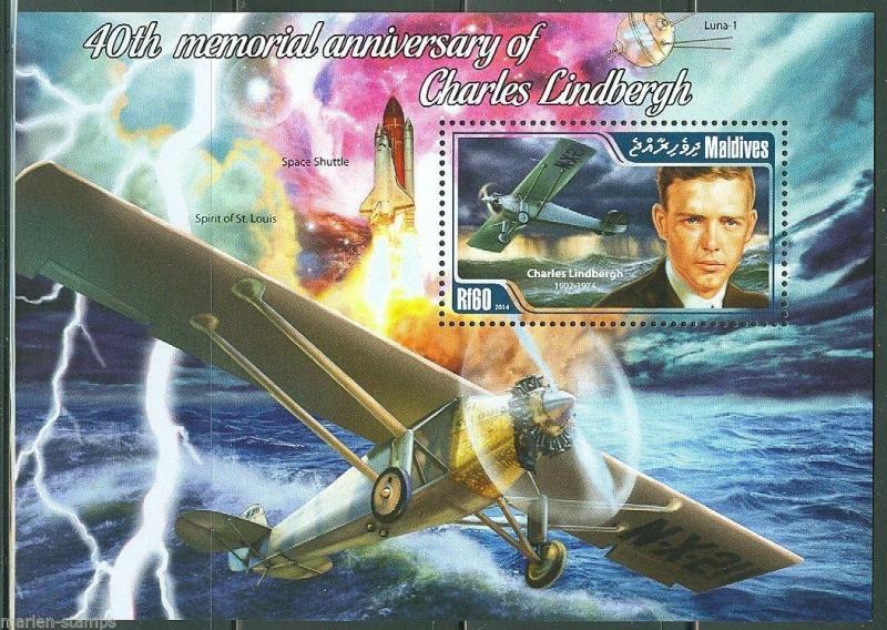 MALDIVE  ISLANDS 2014 40th MEMORIAL ANNIVERSARY OF CHARLES LINDBERGH S/S  MINT