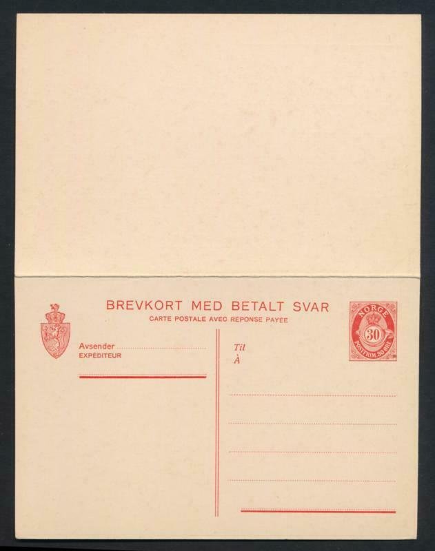 NORWAY Mi. P68 POSTAL STATIONERY postal CARD 30o+30o RED PAID REPLY