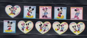 Japan 2012 Sc#3411a-j Sheet Greetings Mickey and Minnie 50 Yen Used