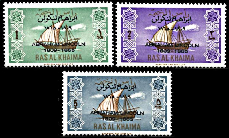 Ras al Khaima Michel 24-26, MNH, Death Centennial of Abraham Lincoln overprint