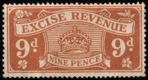 1916 Great Britain Excise Revenue 9 Pence Watermark Script GvR Unused