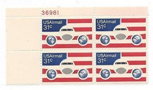 USA 1976 Plane, Globes, & Flag Plate Block of 4 Airmail Postage Stamps, Sc# C90