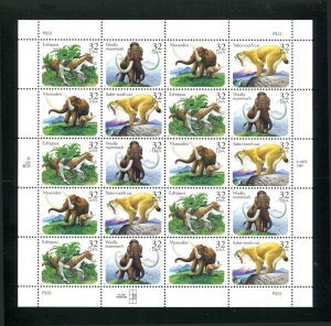 Prehistoric Animals Sc 3077 - 3080 32¢ Sheet of 20    MNH Mastodon Mammoth Cat 