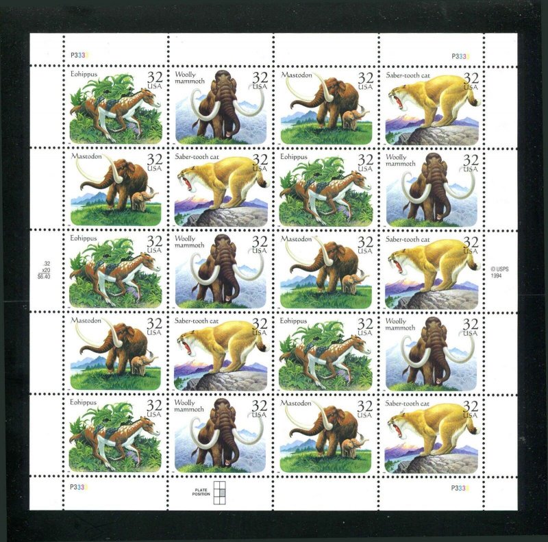 Prehistoric Animals Sc 3077 - 3080 32¢ Sheet of 20    MNH Mastodon Mammoth Cat