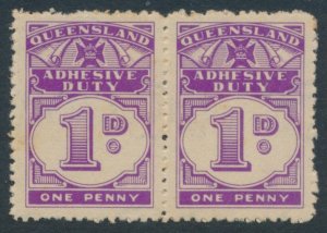 Queensland 1940 2 x 1d Duty stamp. Sideways Crown Q watermark Mint Not Hinged