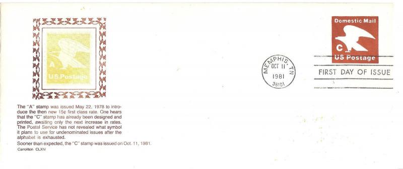 U594 'C' Domestic Mail embossed #10 Stamped Envelope Carrollton FDC