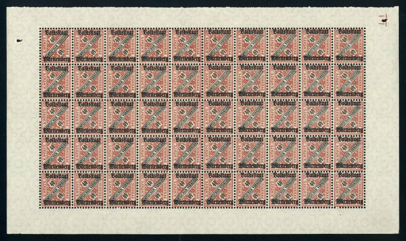 w35 Wurttemberg Scott #O160 40pf rose & black Mint OG NH full pane of 50 Scarce