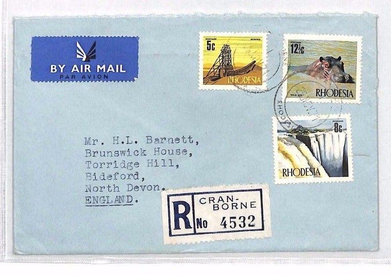 BP134 1971 RHODESIA Cran-Borne REGISTERED Cover Airmail GB Devon