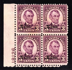 US 661 3c Kansas Overprint Plate Block of 4 F-VF OG NH SCV $325