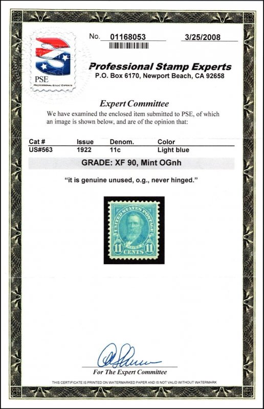 Scott 563 - 11 Cents Hayes - MNH PSE Cert Grade 90 - SCV - $55.00