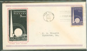 US 853 1939 3c New York World's Fair (Trylon & Perisphere on an addressed (typed) FDC with a Fidelity cachet